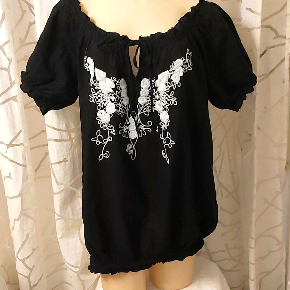 Siren Lily Black Mexican Style Embroid Boho Blouse